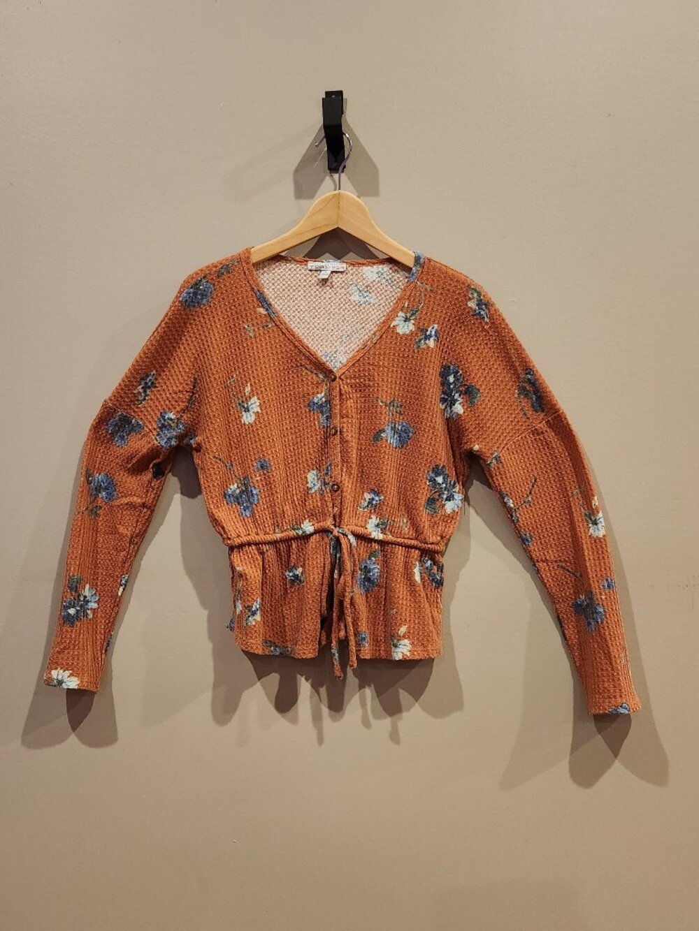 Moa Moa Floral Waffle Knit Peplum Tie Waist Top Size Small